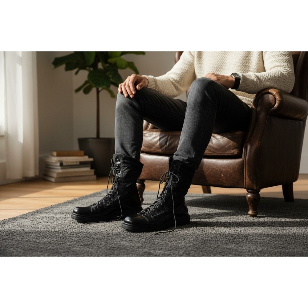 Kenneth Cole Tactical Combat Boots Mens 6 Black Leather High Top Lace Up Work